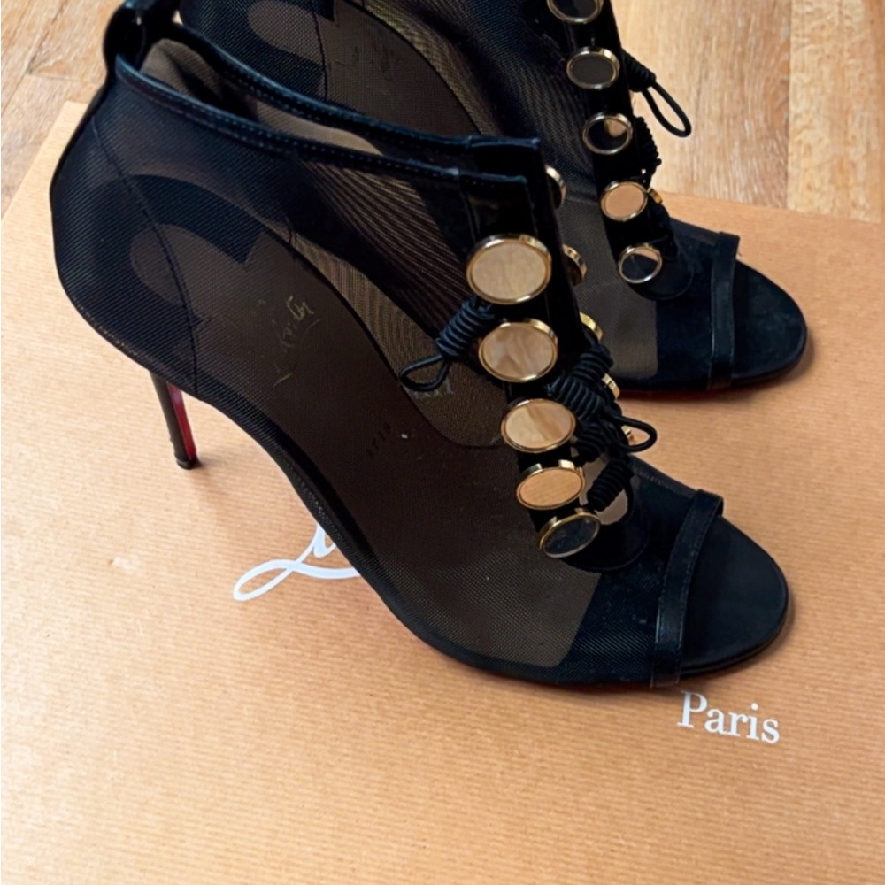 Christian Louboutin Black and Gold Mesh Heels